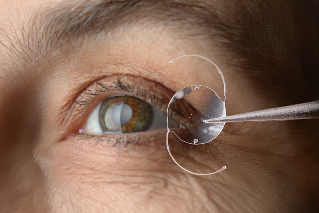 Surgical placement of an intraocular lens (IOL) in the eye post cataract surgery, aiding vision restoration at Dr.DudhbhateNetralay and Retina Centre, the best Eye Clinic Near Me