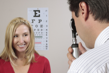 Patient undergoing ophthalmoscopy for showing symptoms like blurring of vision and seeing black dots